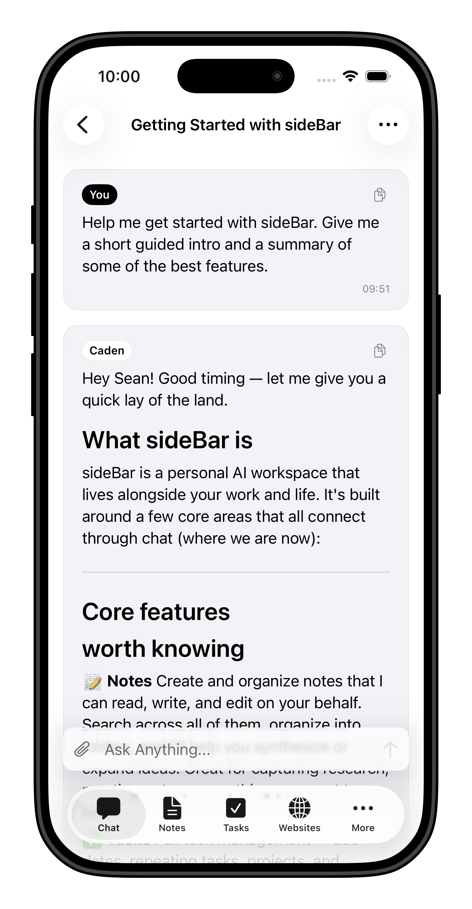 sideBar chat on iPhone with assistant responses grounded in the surrounding workspace