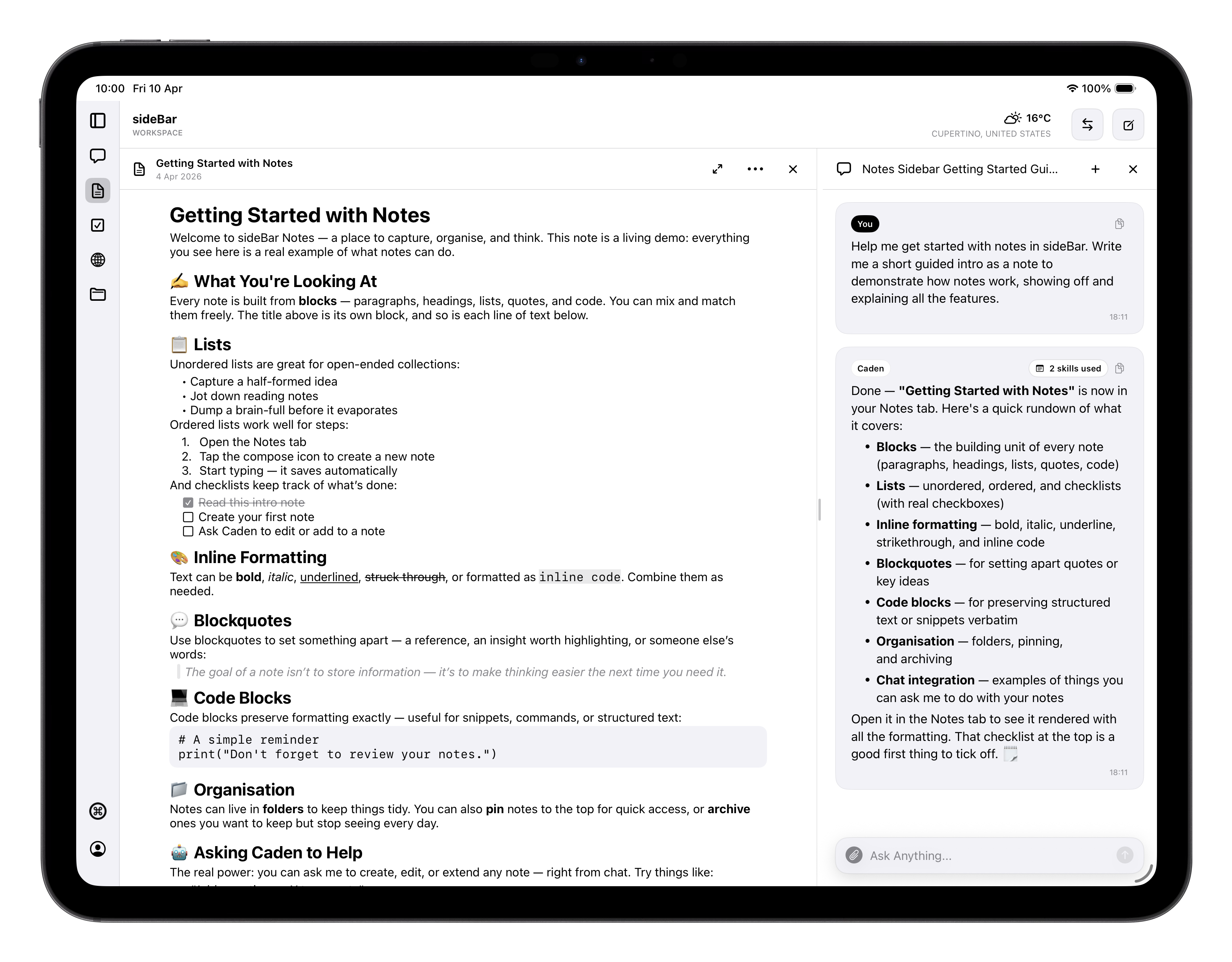 sideBar notes on iPad with writing and assistant help in the same workspace