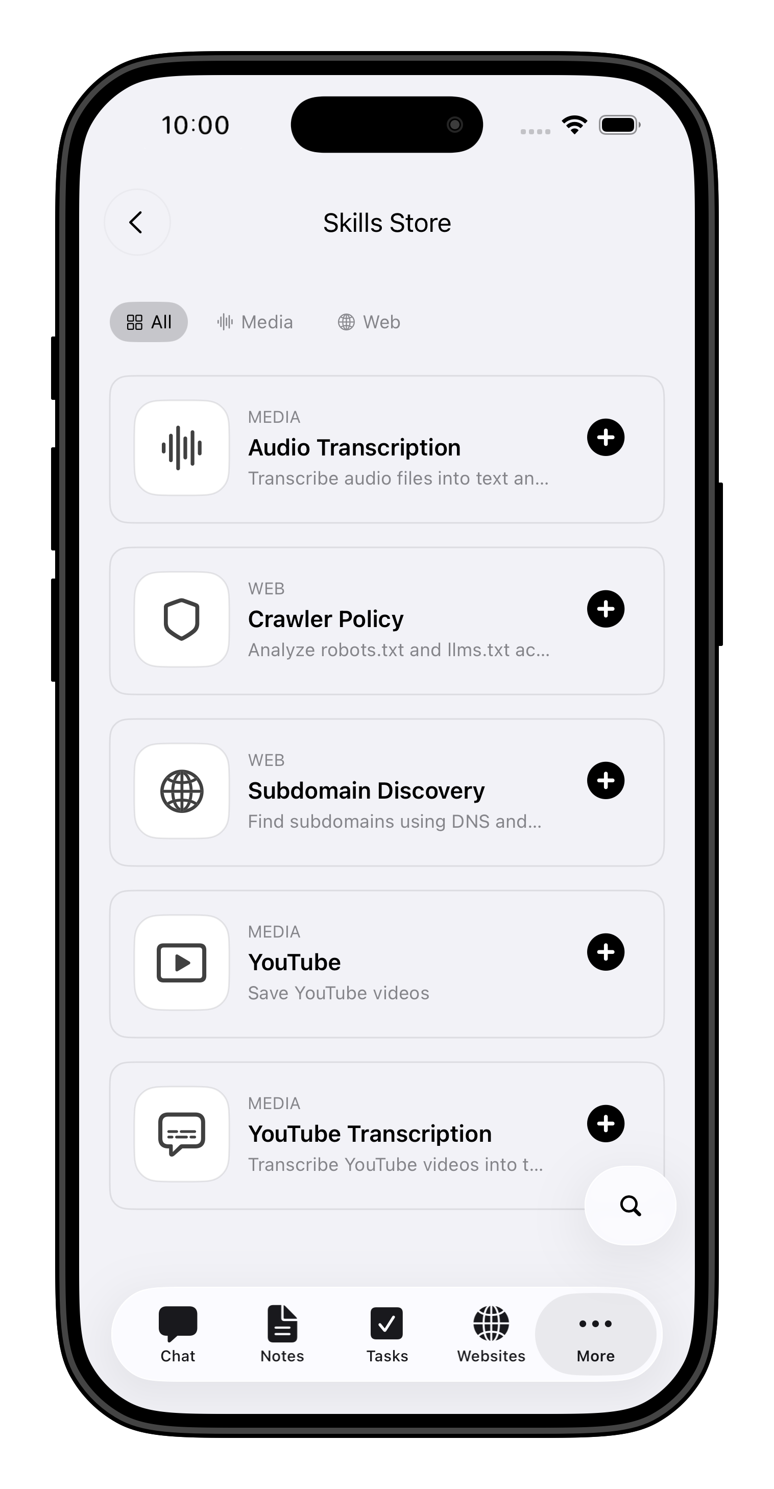 sideBar skills store on iPhone showing installable skills and product extensibility