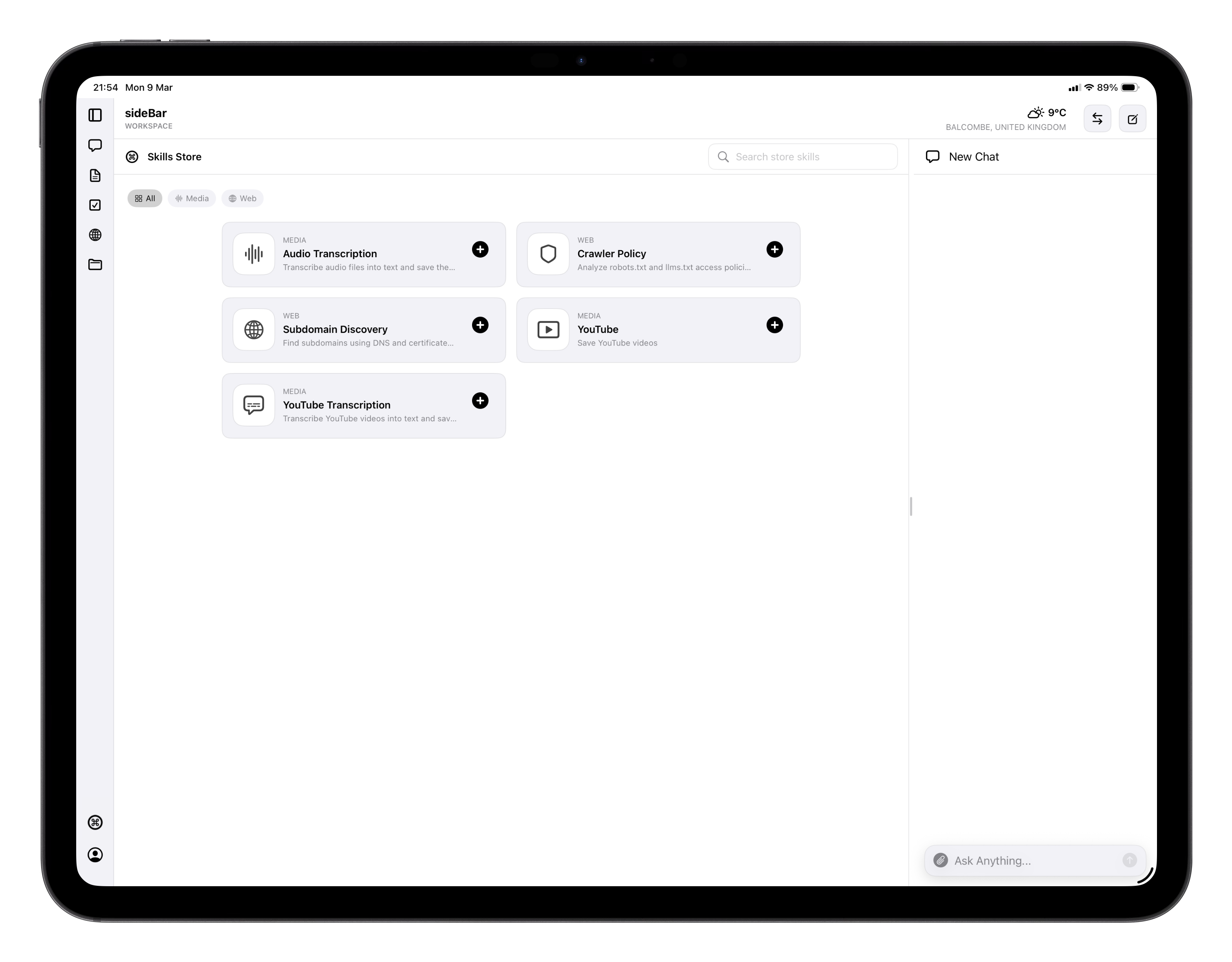 sideBar Skills Store showing installable skills including Audio Transcription, YouTube, and more