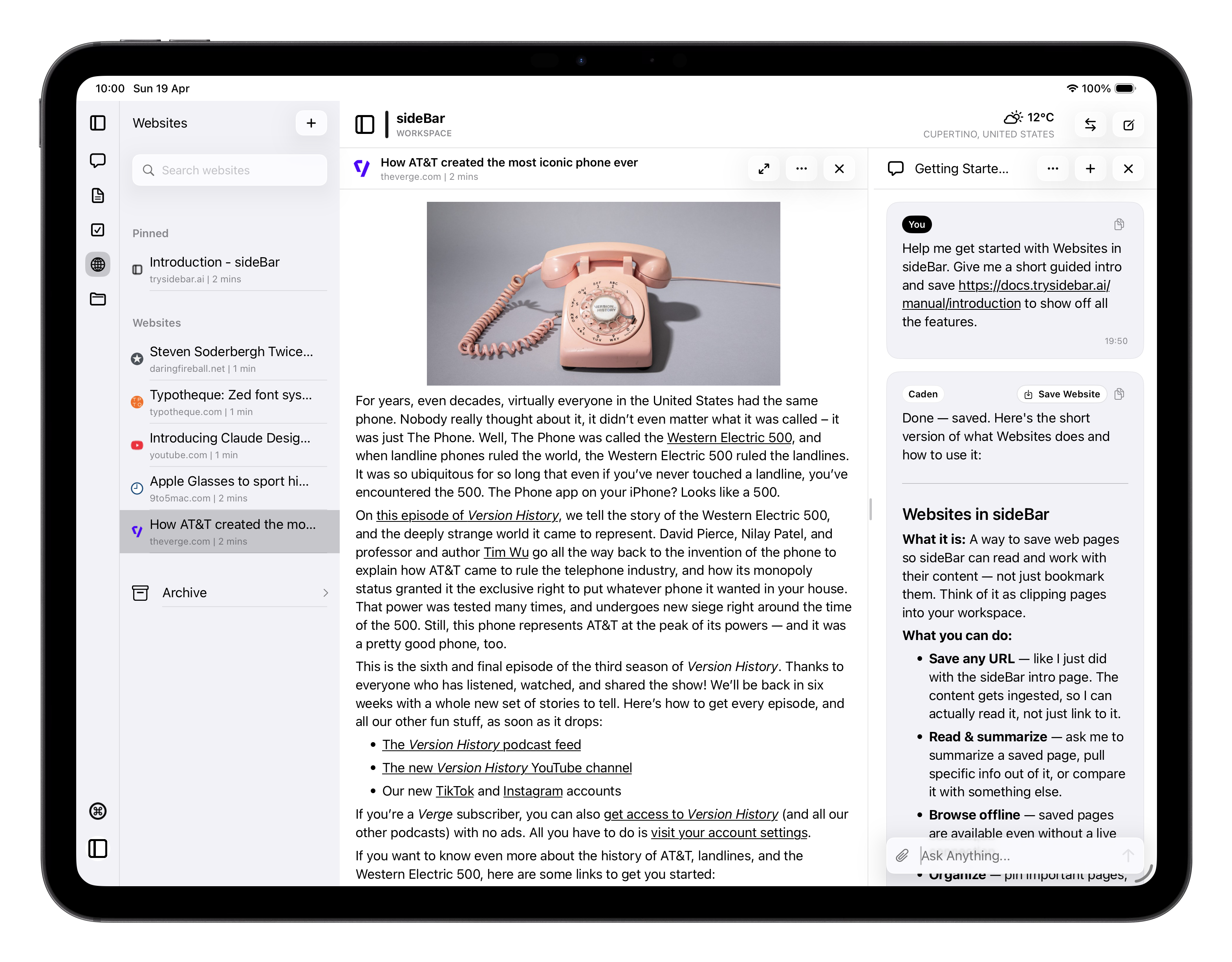 sideBar websites on iPad with a saved page available for later questions